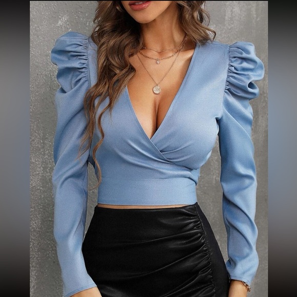 Sexy blue gigot sleeve wrap tie back top - Picture 1 of 16